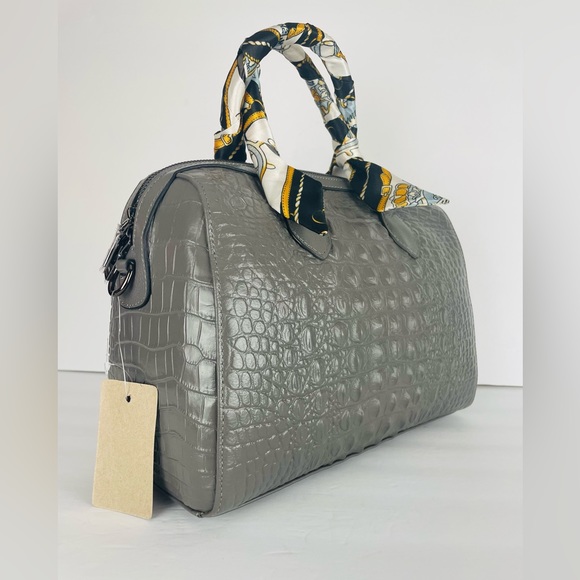 Genuine Leather Gray Crocodile Crossbody Shoulder Strap Bag With Scarf Detail - Picture 3 of 12